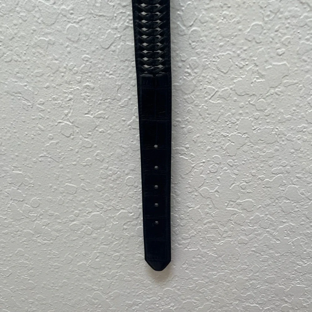 Brighton Black Leather Woven Croc‎ Embossed Belt Silver Engraved Hardware Womens